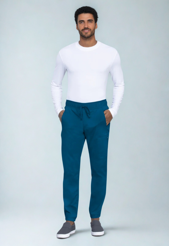 Pantalón petróleo unisex estilo jogger con cinta ajustable Cherokee. Tiene elástico en la cintura, bota estrecha, dos bolsillos tipo ojal, un bolsillo cargo y dos bolsillos traseros.